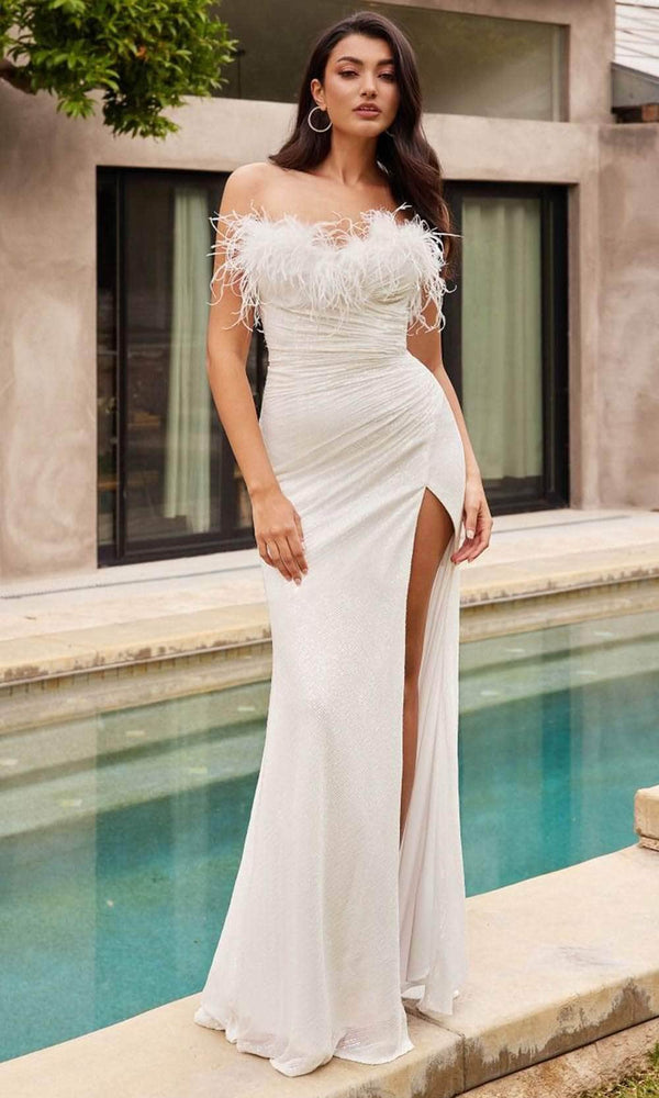 Ladivine CH147W - Strapless Feather Detailed Bridal Gown - Prom
