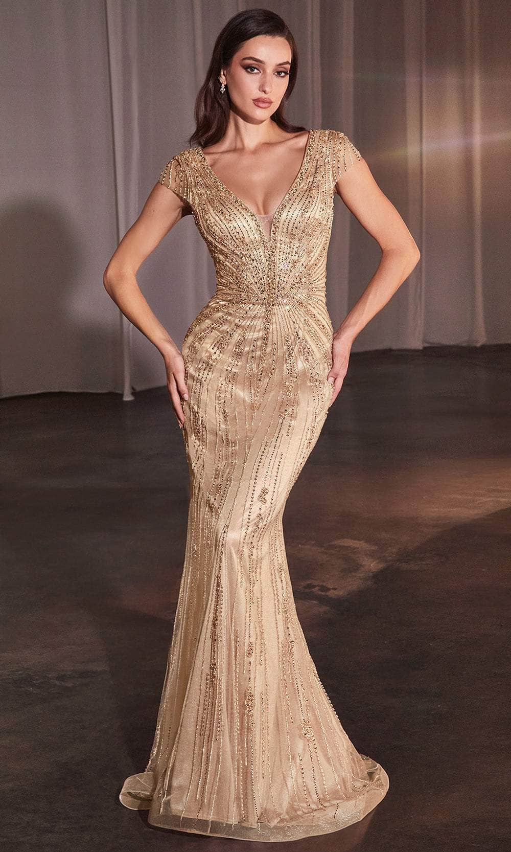 Ladivine CZ0029 - Beaded Sheer Cap Sleeve Prom Dress - Prom