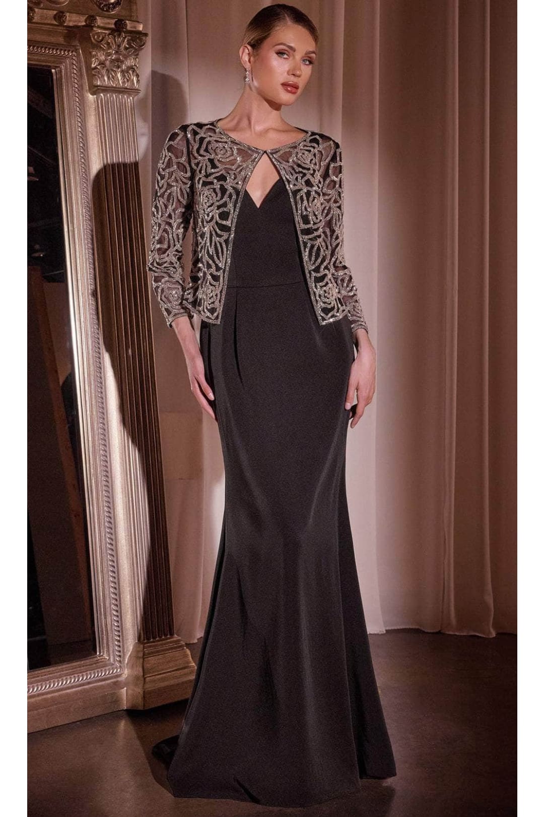 Ladivine J881 - V-Neck Sheath Evening Dress - Black / 8