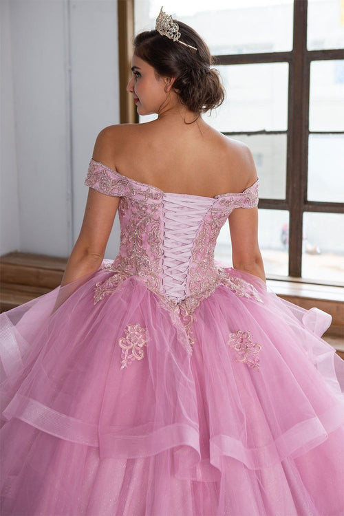 Layered Off-Shoulder Glitter Quinceañera Dress by Calla KY018383