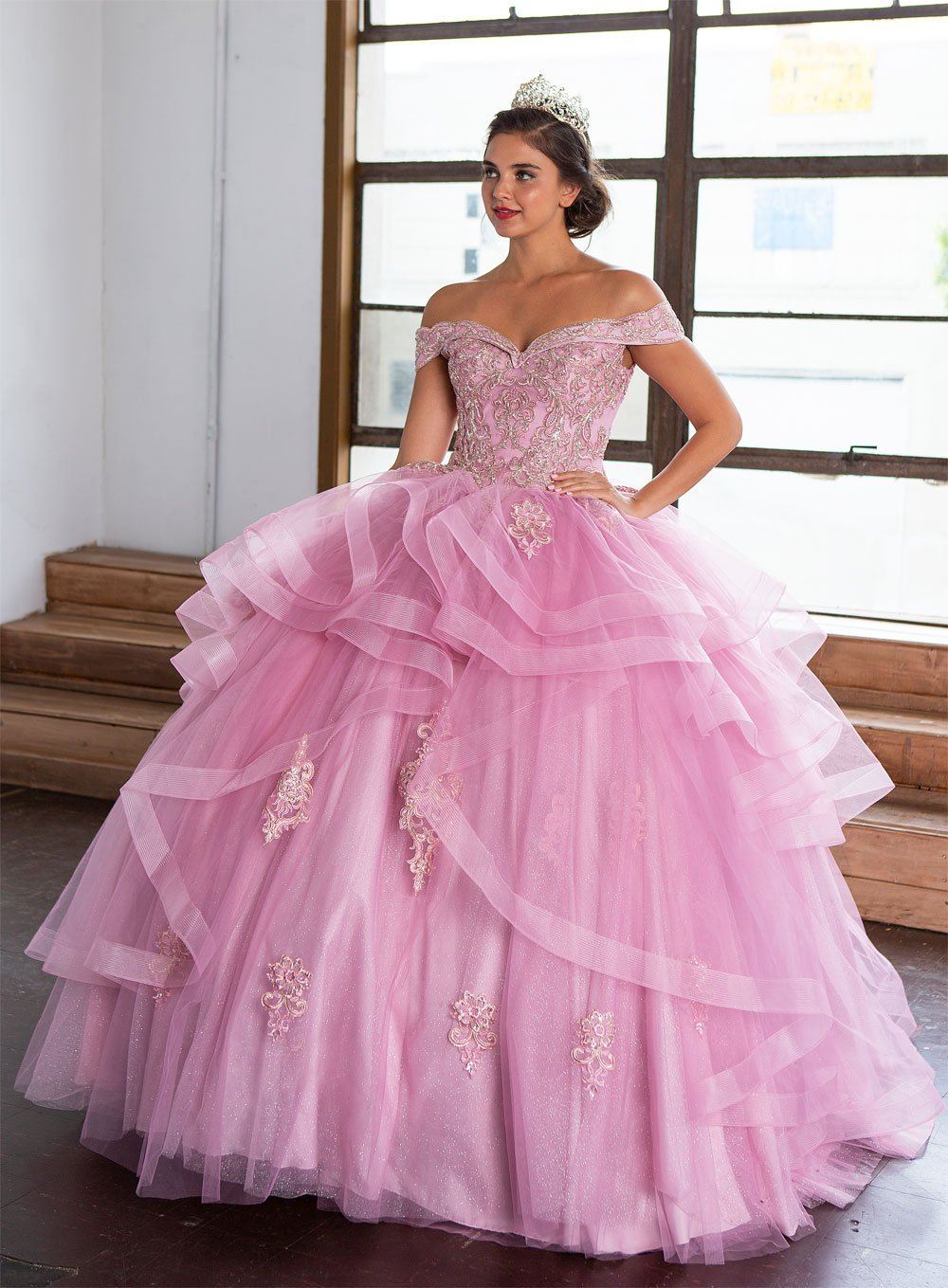 Layered Off-Shoulder Glitter Quinceañera Dress by Calla KY018383