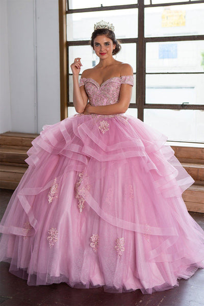 Layered Off-Shoulder Glitter Quinceañera Dress by Calla KY018383