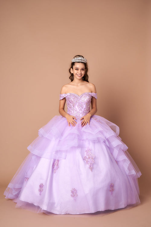 Layered Off-Shoulder Glitter Quinceañera Dress by Calla KY018383