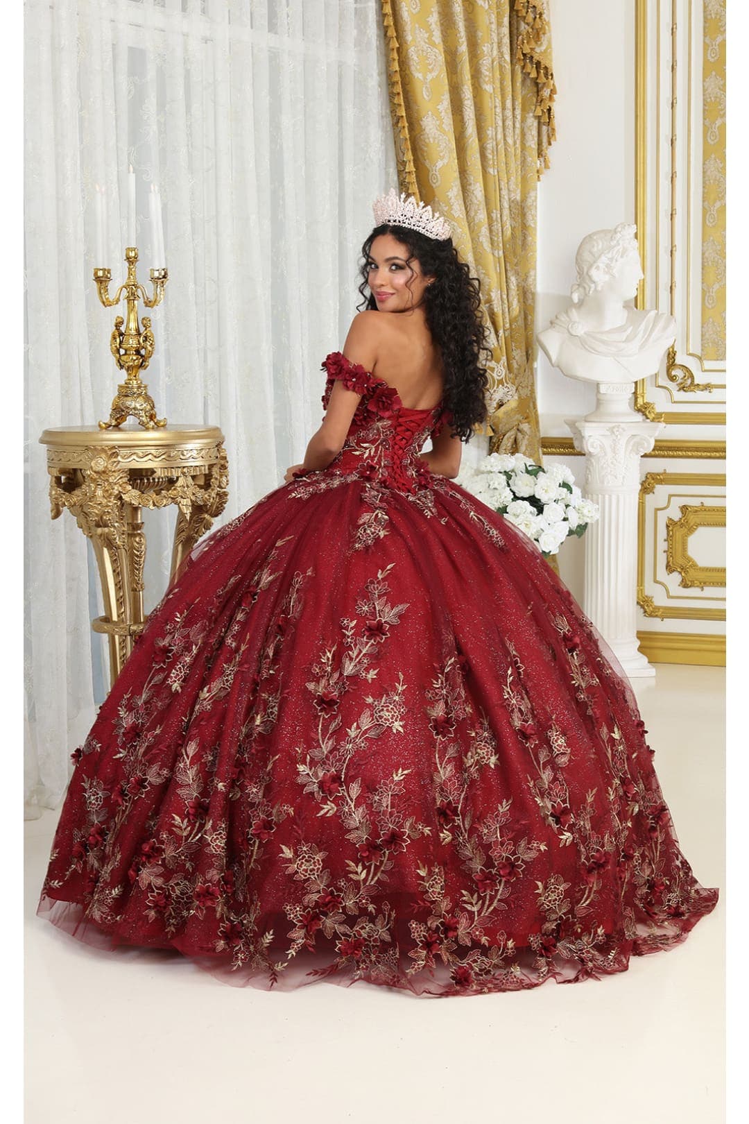 Layla K LK215 Off Shoulder 3D Floral Applique Glitter Quince Dress - Dress