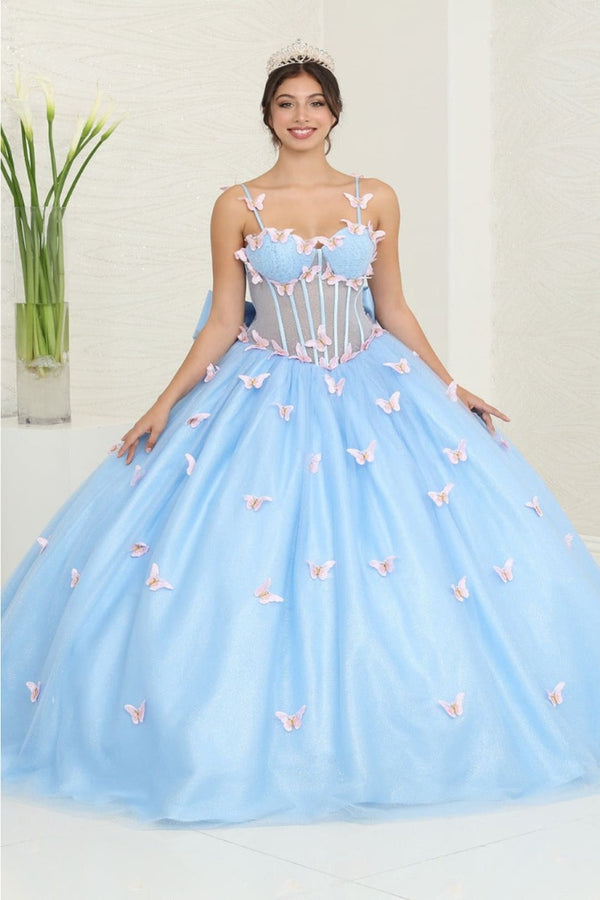 Layla K LK239 Glitter 3D Butterfly Bow Accent Quinceanera Gown - BABY BLUE/PINK / 2 - Dress