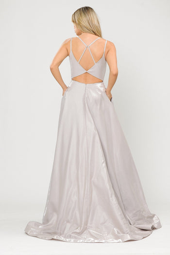 Poly USA 8644 Long A-line Satin Dress with Illusion V-Neckline