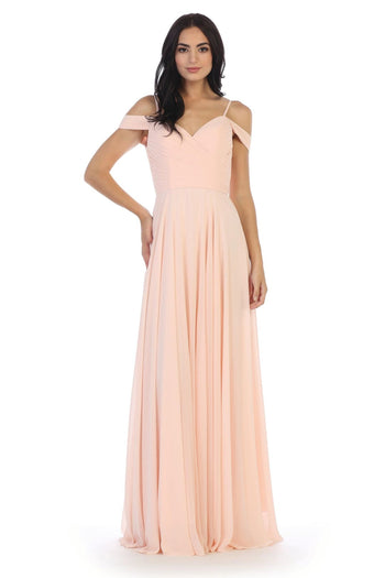 Long Bridesmaids Pleated Off Shoulder Chiffon Gown - The Dress Outlet