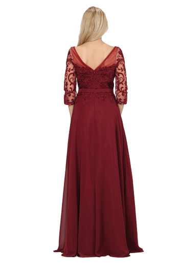Poly USA 7598 Long Chiffon Dress with Sheer Lace Sleeves