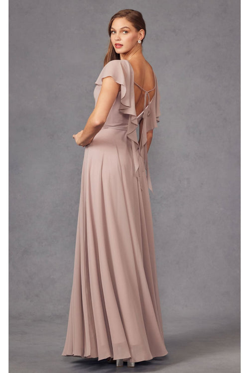 Long Flutter Sleeve Chiffon Gown by Juliet 261 - Emerald Green / XS - Dress