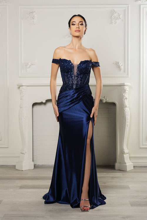 Long Formal Dress Off The Shoulder High Slit Gown By May Queen MQ2157 - NAVY / 4 - Dress
