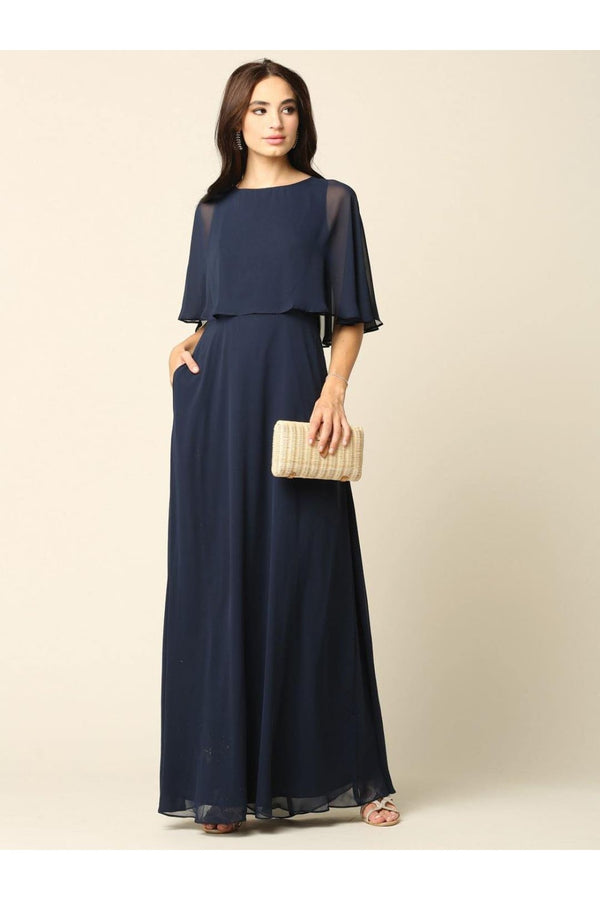 Long Formal Mother of the Bride Cape Chiffon Dress - The Dress Outlet Eva Fashion