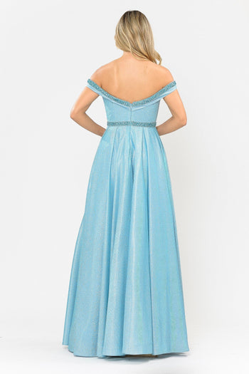 Poly USA 8664 Long Metallic Glitter Off Shoulder Dress