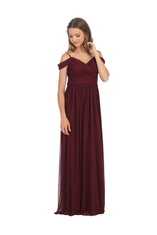 Long Off Shoulder Bridesmaid Pleated Dress - The Dress Outlet
