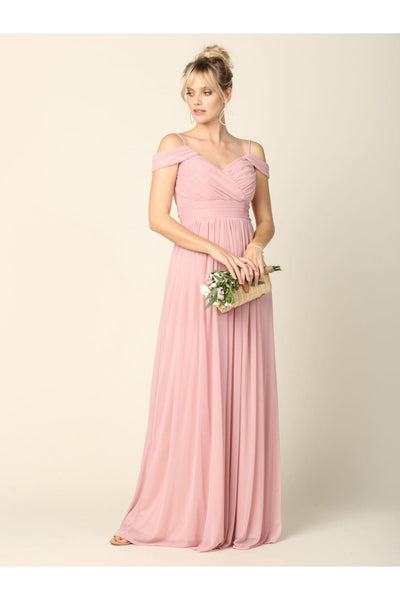 Long Off Shoulder Bridesmaid Pleated Dress - The Dress Outlet