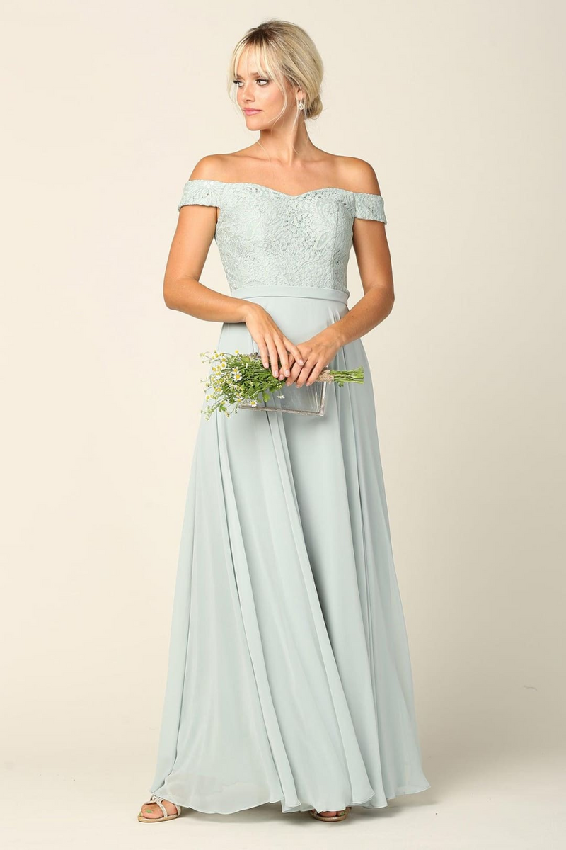 Eva USA 3283 Long Off Shoulder Lace Bodice Bridesmaids Dress
