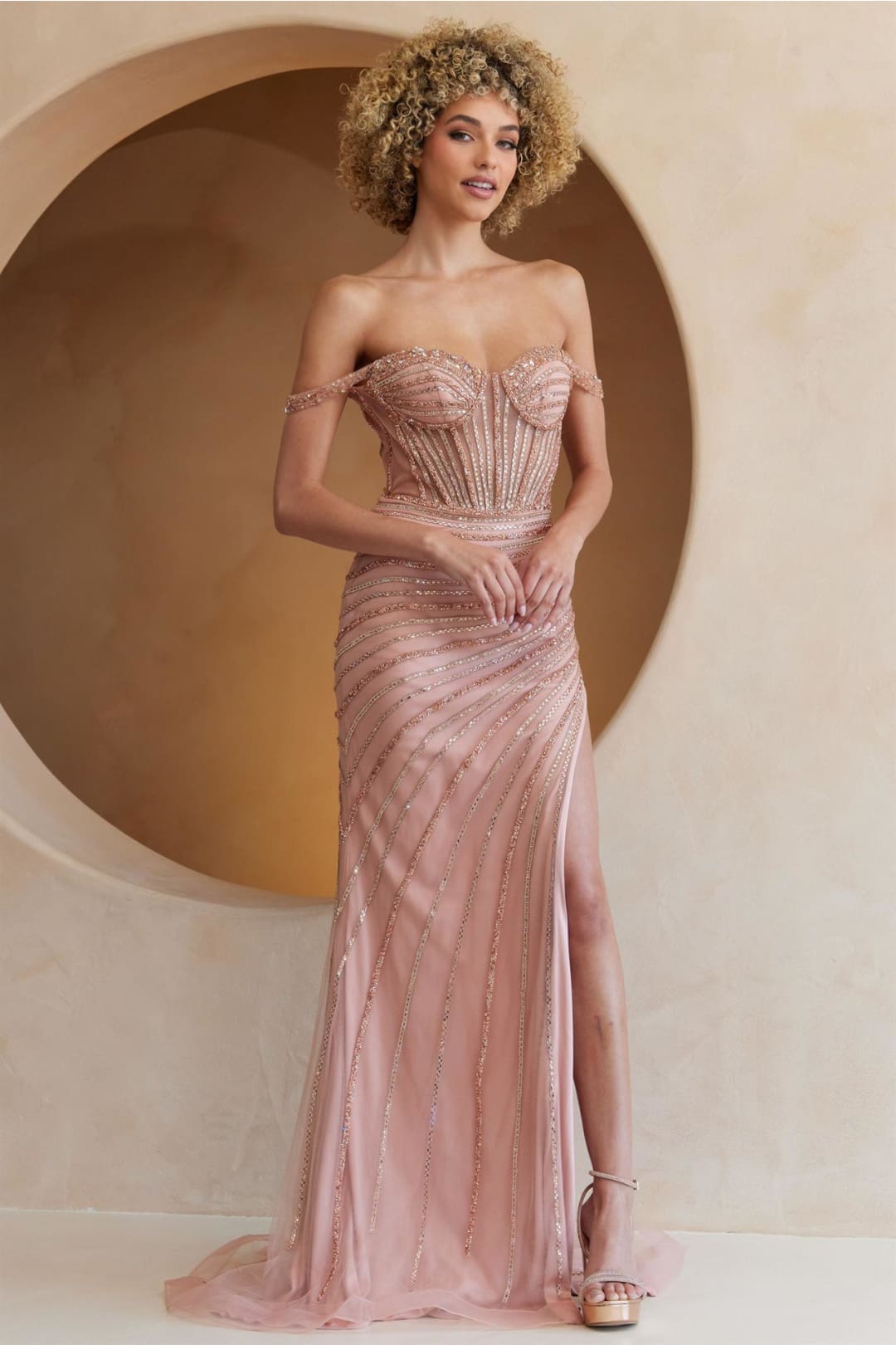 Long Pageant Dress Off The Shoulder High Slit Prom Gown By Amelia Couture TM1029 - ROSE GOLD / 2 - Dress