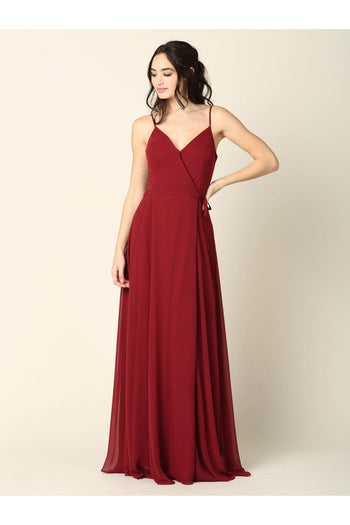 Long Spaghetti Strap Chiffon Wrap Bridesmaids Gown - The Dress Outlet