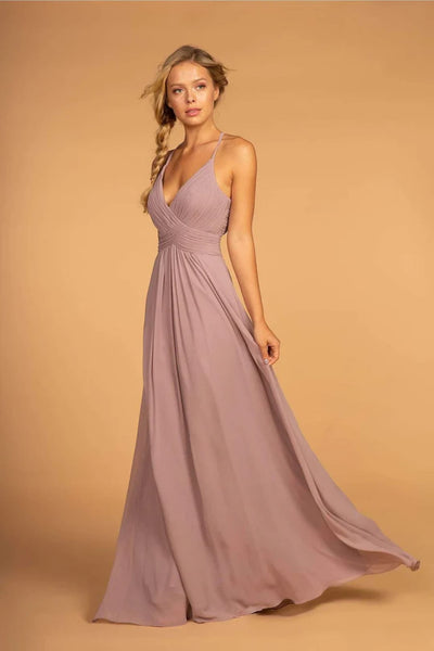 Long V-Neck Chiffon Dress with Pleated Bodice by Elizabeth K GL2609 - XL / Mauve - Long Formal Dresses