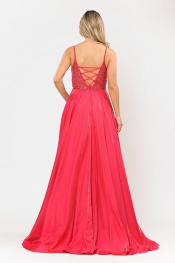 Poly USA 8576 Long V-Neck Dress with Embroidered Bodice