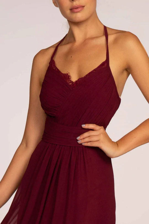 Long V-Neck Pleated Dress with Lace Details by Elizabeth K GL2606 - Long Formal Dresses