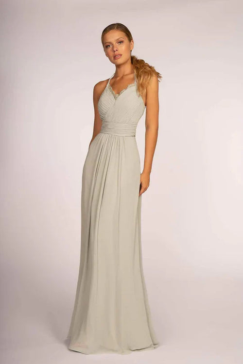 Long V-Neck Pleated Dress with Lace Details by Elizabeth K GL2606 - XS / Sage Green - Long Formal Dresses