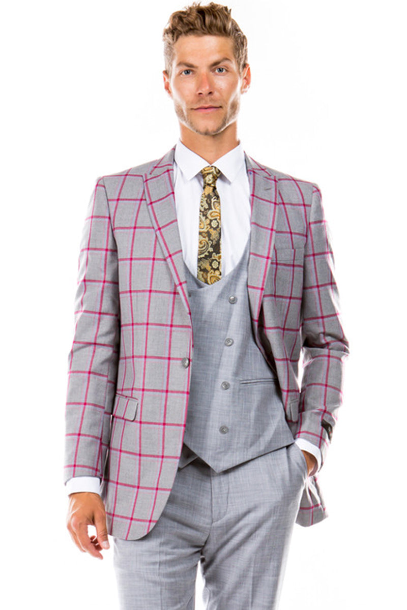 Men's Grey & Red Windowpane Suit with Double Vest
