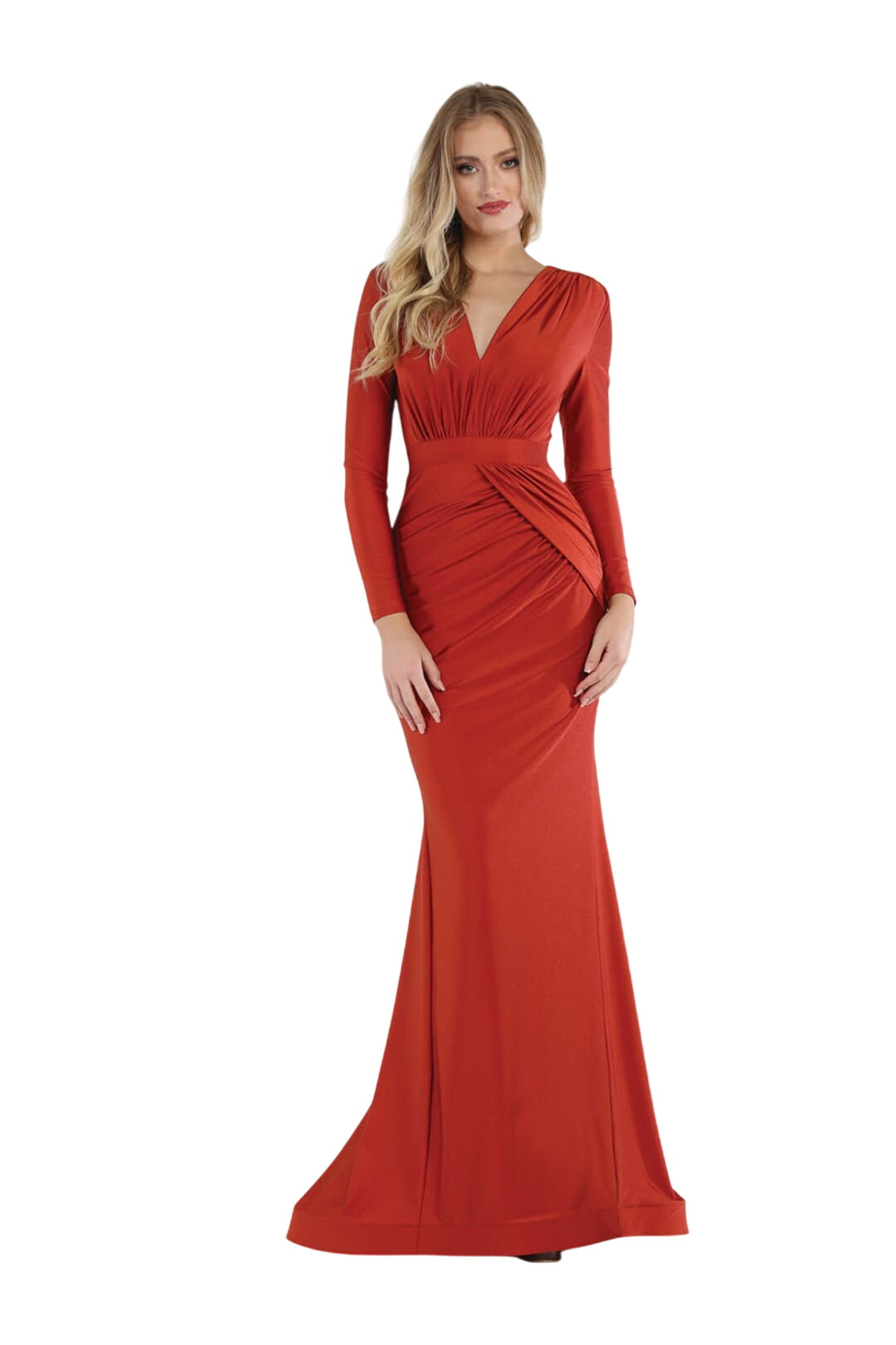 May Queen MQ1530 V Neck Mermaid Classy Long Sleeve Evening Gown - Rust / 4 - Dress