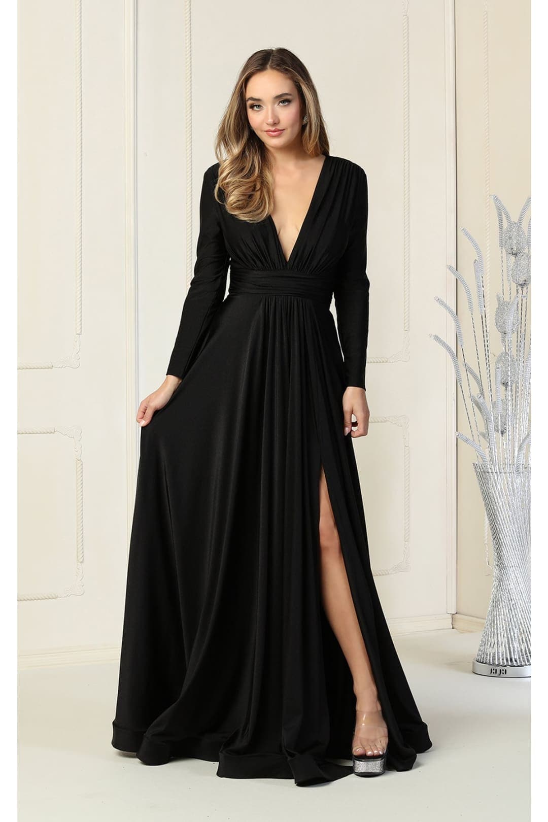 Long Sleeve Stretchy Gown - LA1835 - BLACK / 4