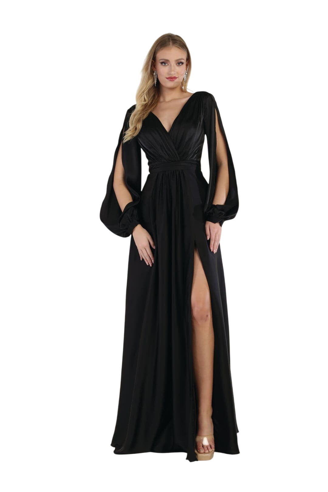 May Queen MQ1857 Split Long Sleeve High Slit Simple Evening Gown - BLACK / 4