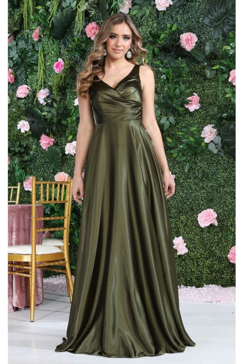 May Queen MQ1994 Sleeveless Side Pockets Satin Formal Bridesmaid Dress - OLIVE / 4 - Dress