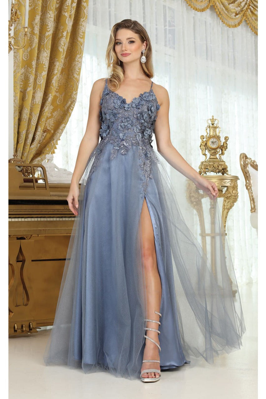 May Queen MQ2016 Sleeveless 3D Floral Embellished Pageant Evening Gown - DUSTY BLUE / 4 - Dress