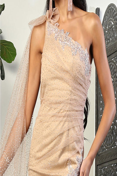 May Queen MQ2022 Asymmetrical Glitter Cappuccino Black-Tie Dress - Dress
