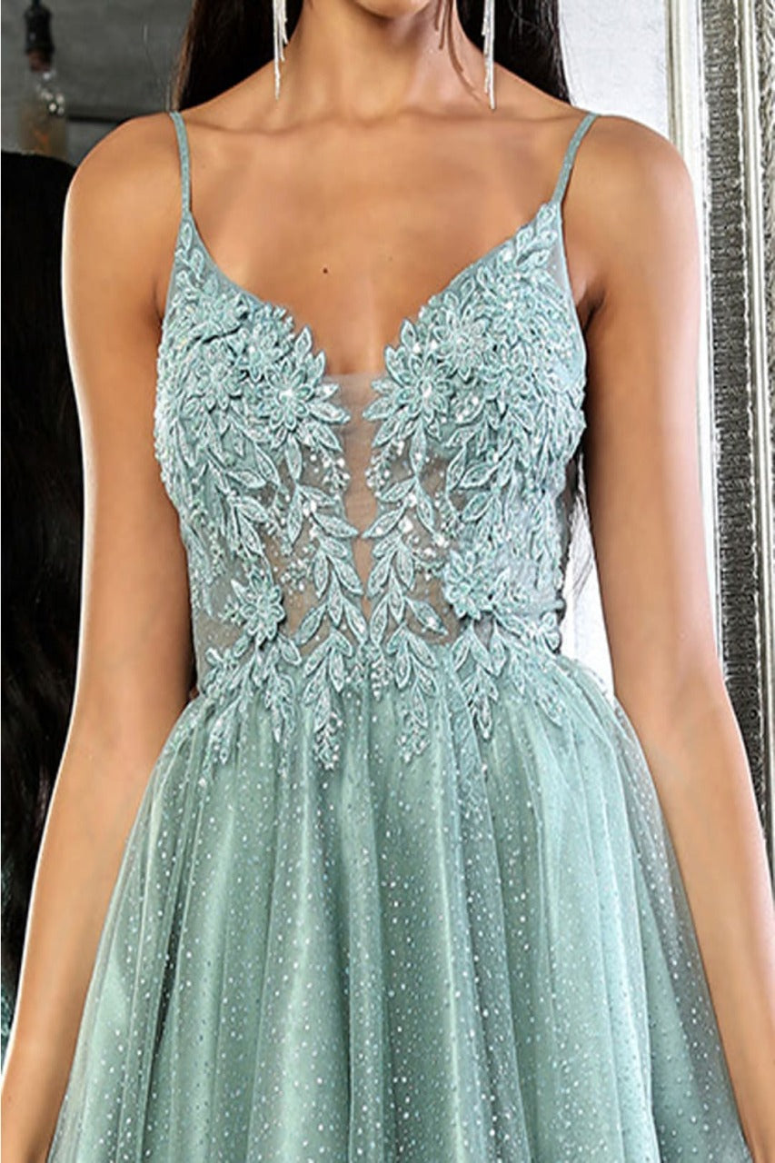 May Queen MQ2025 Lace Appliqued Spaghetti Strap Glitter Hoco Dress - Dress