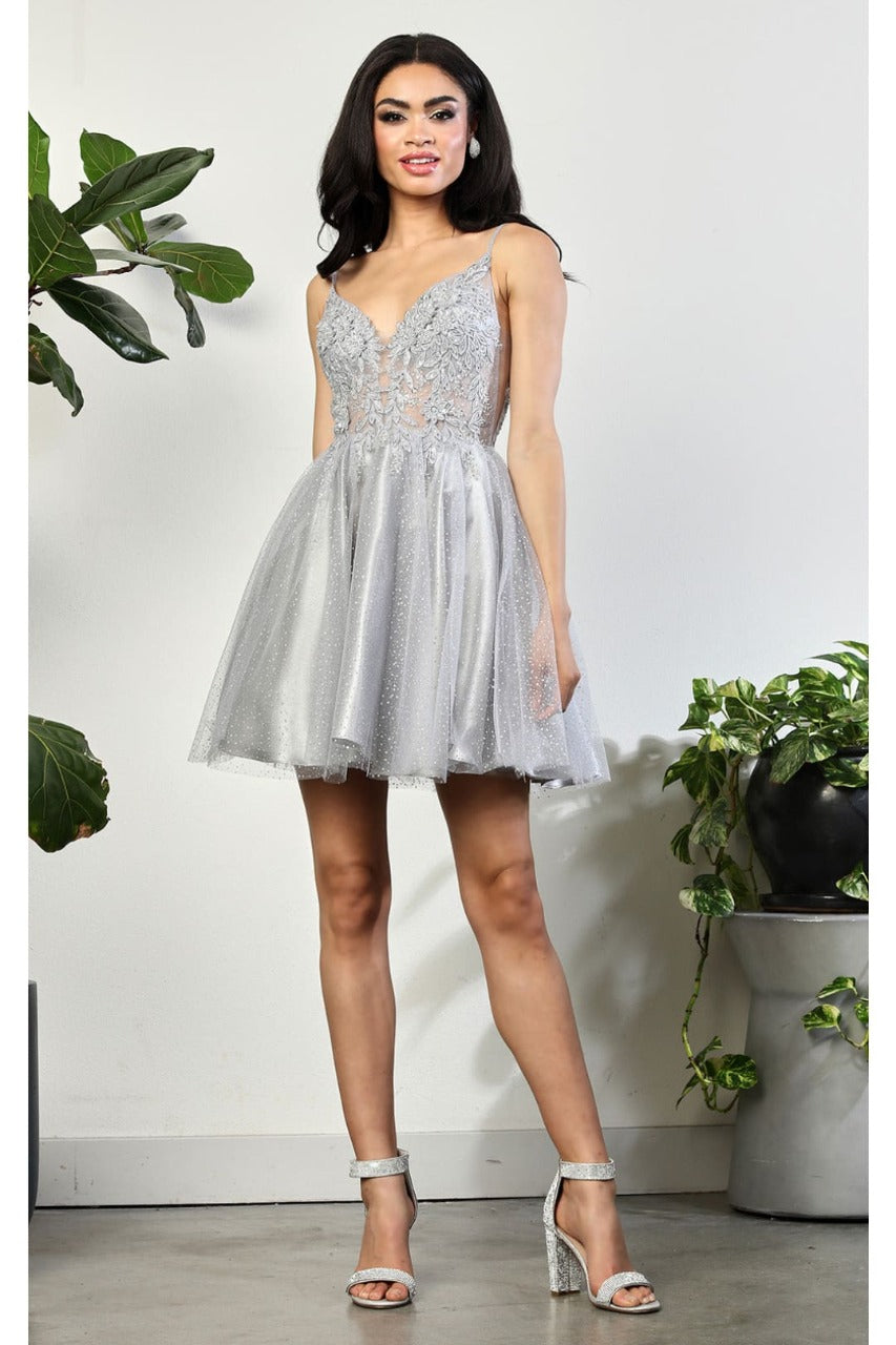 May Queen MQ2025 Lace Appliqued Spaghetti Strap Glitter Hoco Dress - Dress