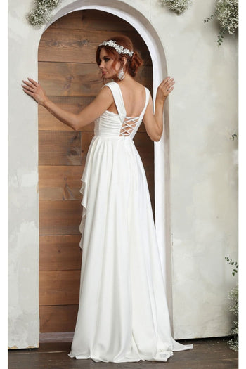 May Queen MQ2056B Ivory Ruched Lace Up Back Wedding Gown - Dress