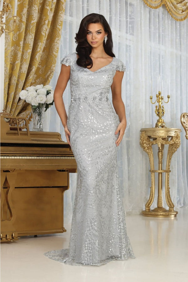 May Queen MQ2062 Floral Appliqued Long Mesh Formal Gown - SILVER / 6 - Dress
