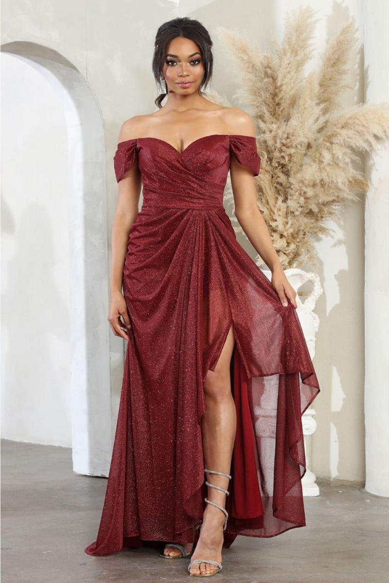 May Queen MQ2063 Off-Shoulder Mother of the Bride Ruched Gown-New Collection - BURGUNDY / 6 May Queen MQ2063 Off-Shoulder Mother of the Bride Ruched Gown-New Collection - BURGUNDY / 6