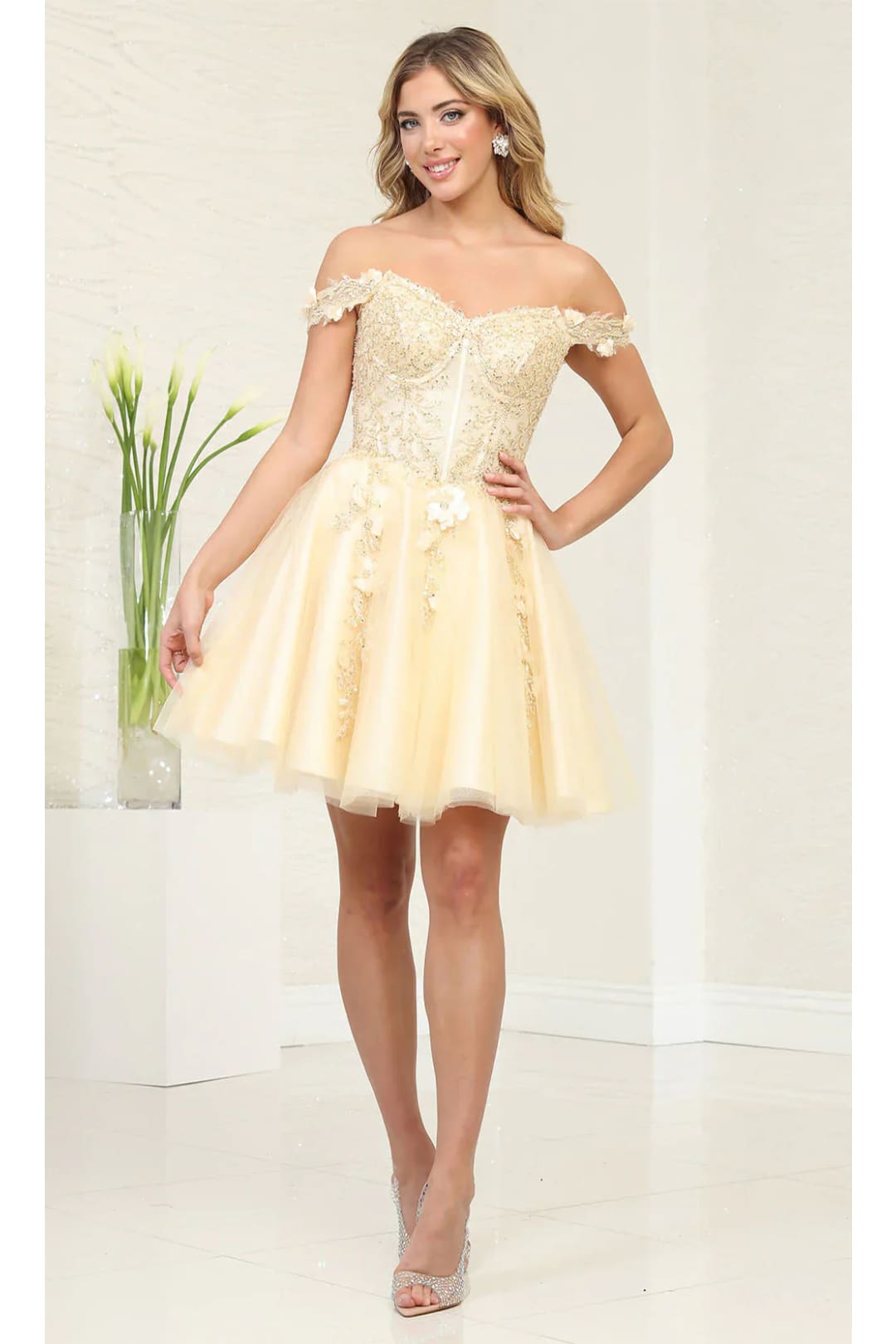 May Queen MQ2081 Strapless Off-Shoulder Dress with Short Sleeves - Ivory / 2 - Dress