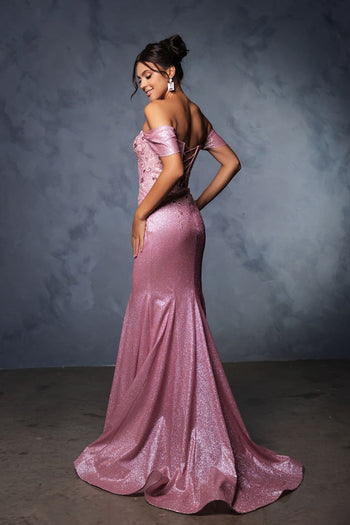 May Queen MQ2104 Draped Sleeves Corset Glitter Red Carpet Gown - Dress
