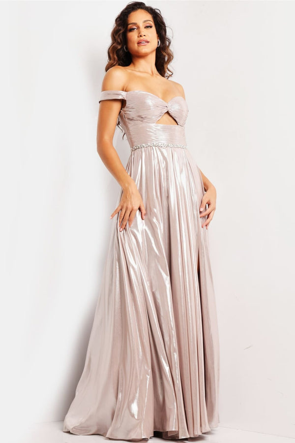 Metallic Off Shoulder A-line Slit Gown by Jovani 37381 - 00 / Taupe - Long Formal Dresses