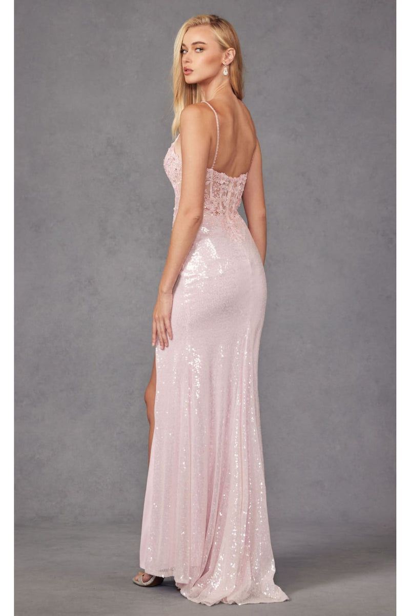 metallic corset tassel dress Metallic Sequin Corset Gown with Slit by Juliet 289