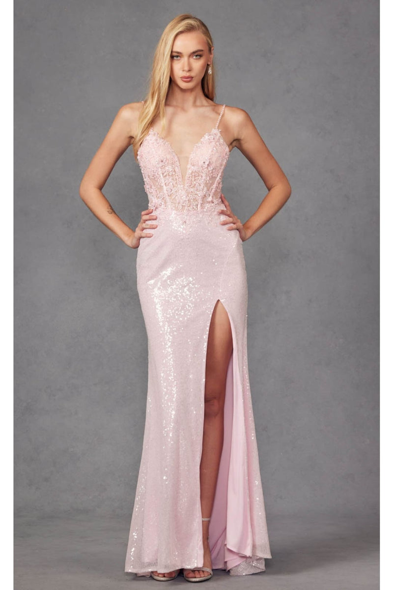 Metallic Sequin Corset Gown with Slit by Juliet 289 Metallic Sequin Corset Gown with Slit by Juliet 289