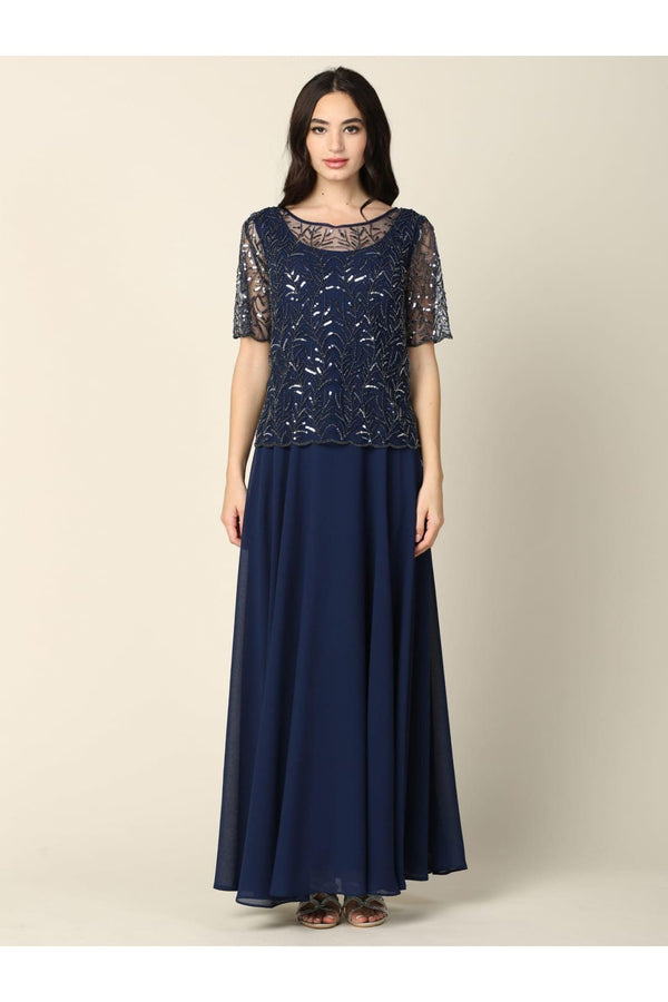 Mother of the Bride Beaded Long Formal Chiffon Gown - The Dress Outlet