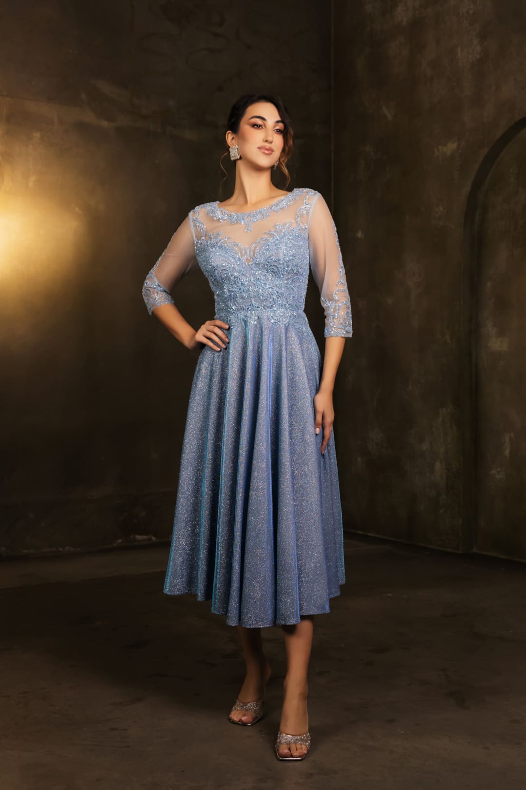 Mother of the Groom Sequin A-Line Cocktail Dress By May Queen MQ2124 - DUSTY BLUE / M - Dress