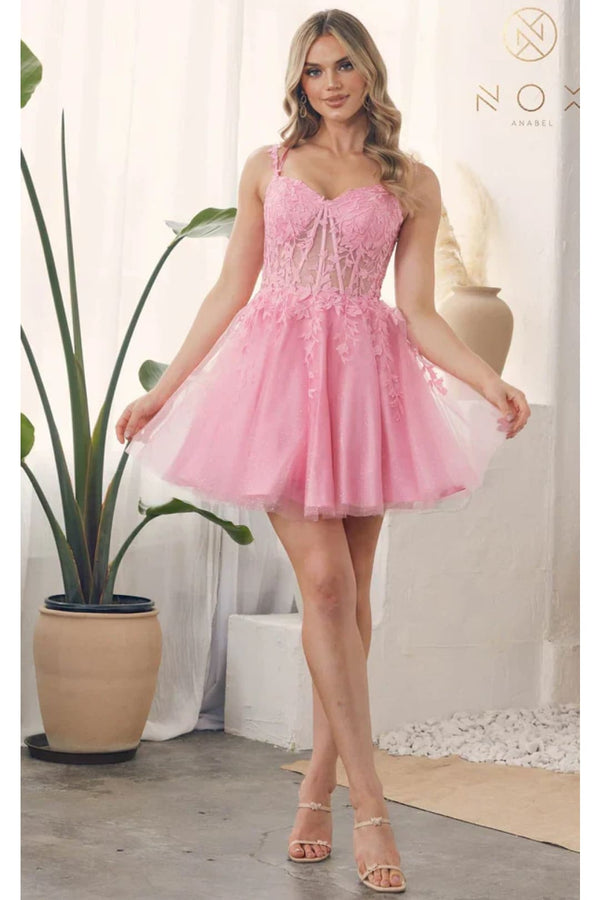 Nox Anabel H784 V-Neckline Leaf Embroidery Spaghetti Straps Gown - Candy Pink / 8 - Dress