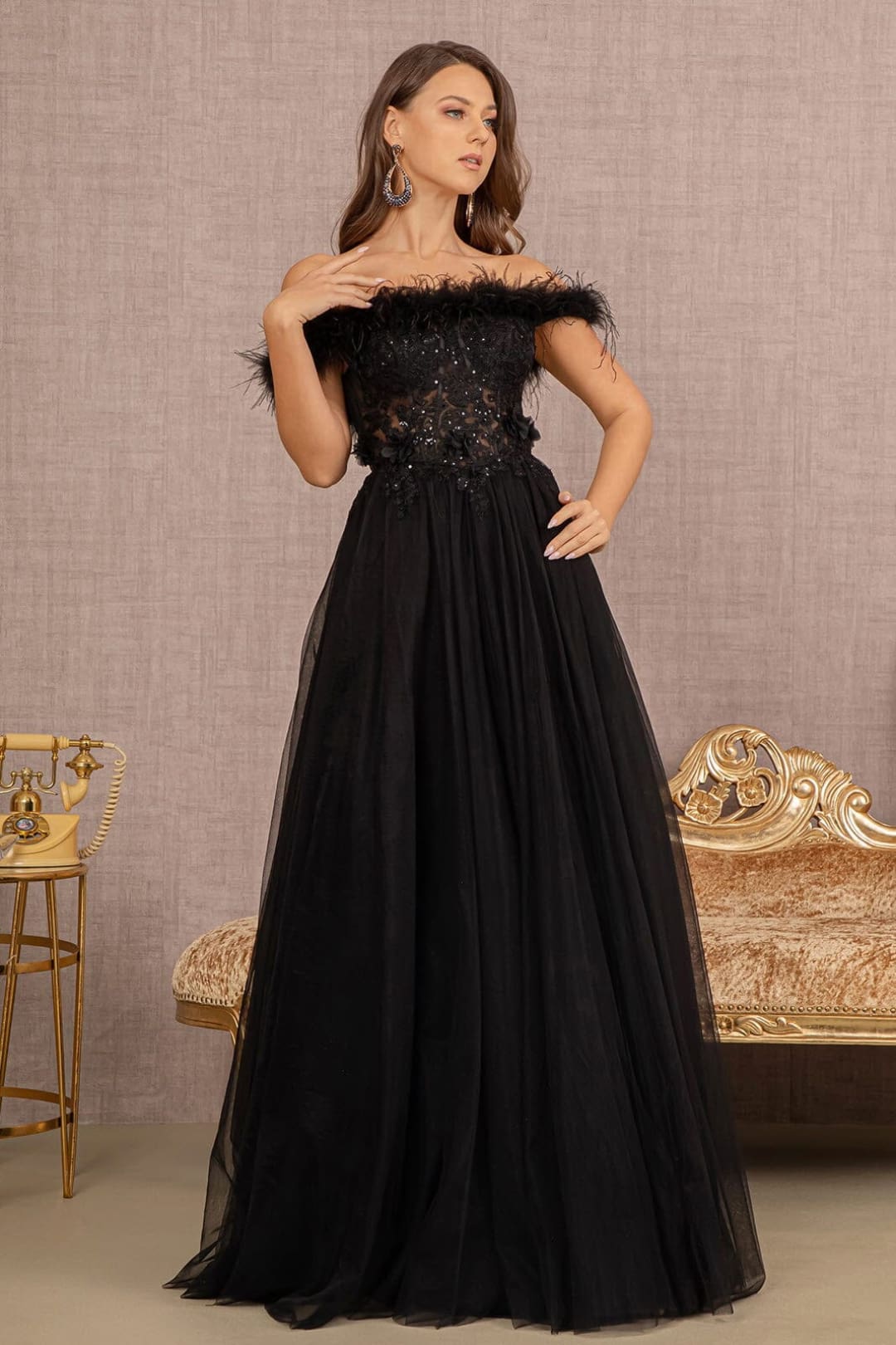 Black Off Shoulder Feather A-line Gown by GLS Gloria GL3138
