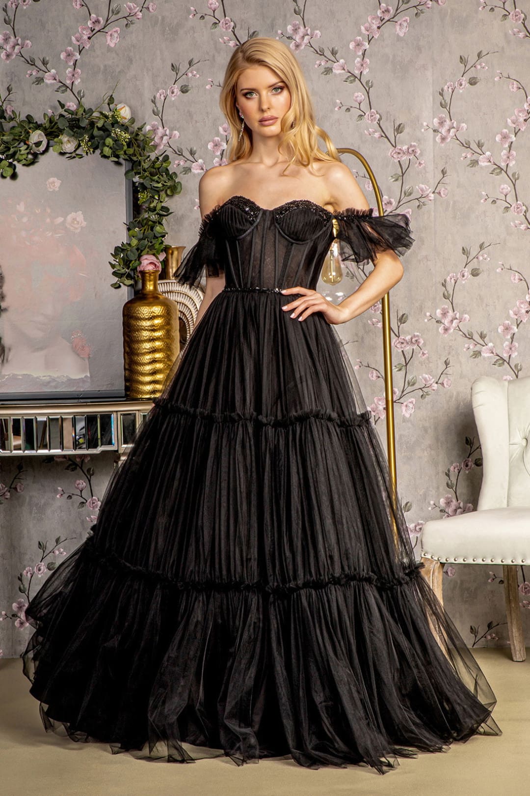 Off Shoulder Sheer Corset Tiered Gown by GLS Gloria GL3453 - XS / Black - Long Formal Dresses