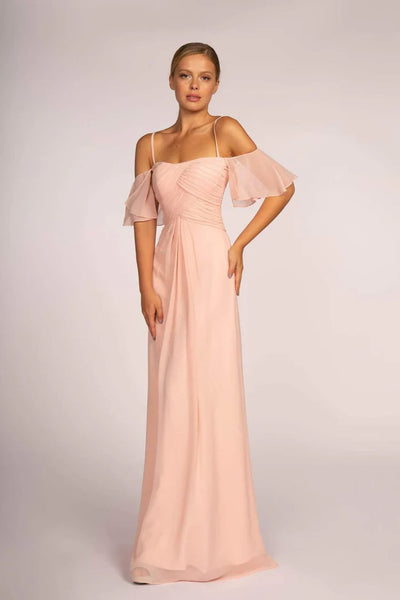 Pleated Long Cold Shoulder Chiffon Dress by Elizabeth K GL2615 - XS / Blush - Long Formal Dresses