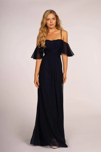 Pleated Long Cold Shoulder Chiffon Dress by Elizabeth K GL2615 - XS / Navy - Long Formal Dresses