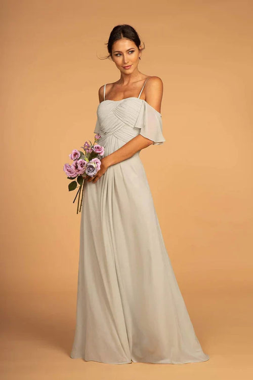 Pleated Long Cold Shoulder Chiffon Dress by Elizabeth K GL2615 - XS / Sage Green - Long Formal Dresses